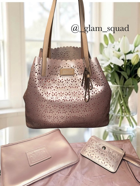 Coach Handbags - 4 piece Coach Market Tote 3-Piece Set - Pearly Pink Laser Cut Perforated Leather